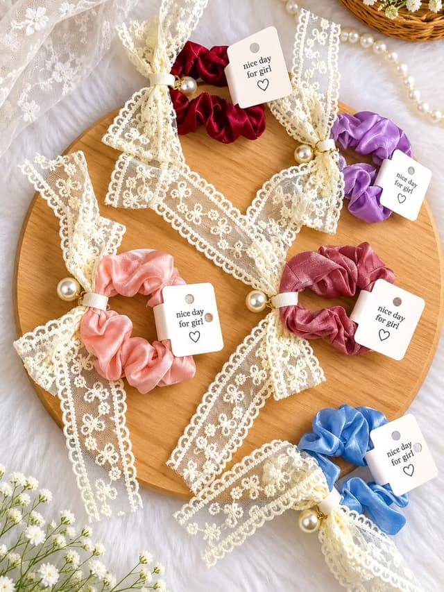 Elegant Lace Bow Pearl Scrunchie